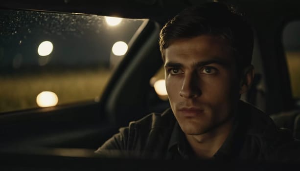 A young man drives a car along a dark field road at night. He glances back at the camera, illuminated by headlights from an approaching vehicle in the distance. Night car ride. Generative AI.