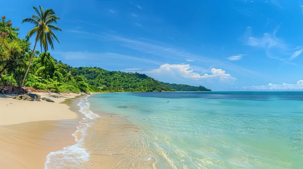 A beautiful beach with a palm tree in the background. The water is calm and clear. The sky is blue and there are no clouds