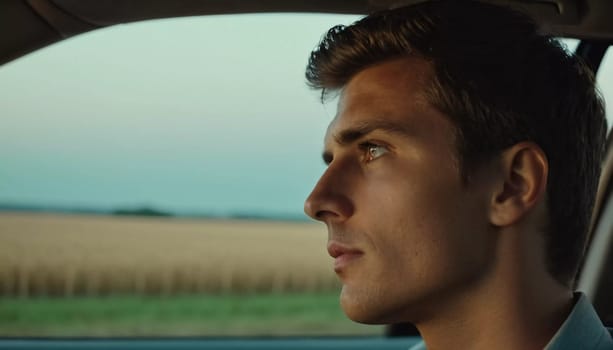 A young man sits in the driver's seat, gazing out the window at the expansive field under the fading twilight sky, lost in thought during his journey. Generative AI.