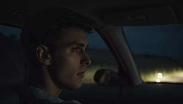 A young man drives a car along a dark field road at night. He glances back at the camera, illuminated by headlights from an approaching vehicle in the distance. Night car ride. Generative AI.