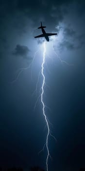 The aircraft encounters a severe thunderstorm, surrounded by dark clouds and illuminated by bright lightning strikes, highlighting the danger in the sky. Causes of air crashes. Generative AI.