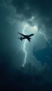 The aircraft encounters a severe thunderstorm, surrounded by dark clouds and illuminated by bright lightning strikes, highlighting the danger in the sky. Causes of air crashes. Generative AI.
