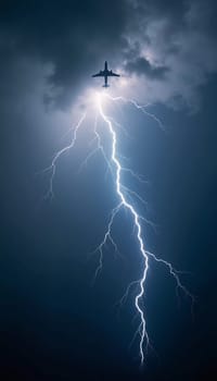 The aircraft encounters a severe thunderstorm, surrounded by dark clouds and illuminated by bright lightning strikes, highlighting the danger in the sky. Causes of air crashes. Generative AI.