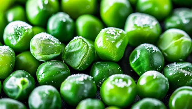 Vibrant green peas, fresh and crisp appearance. Peeled peas. Quick freezing of food products, semi-finished products. Vegetable, grain legume crop. Pea Pisum - genus Lathyrus. Generative AI.