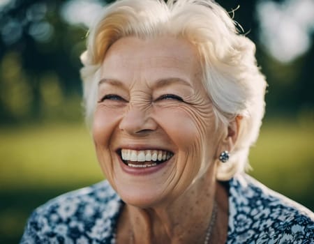 A cheerful elderly woman from Finland beams with joy outdoors. Her smile radiates warmth and happiness, surrounded by a lush green backdrop. Scandinavian face type. European pensioner. Generative AI.