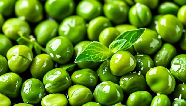 Vibrant green peas, fresh and crisp appearance. Peeled peas. Quick freezing of food products, semi-finished products. Vegetable, grain legume crop. Pea Pisum - genus Lathyrus. Generative AI.