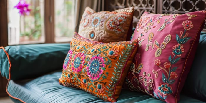 Decorative Islamic throw pillows with embroidered motifs, adding comfort and style to sofas and beds.