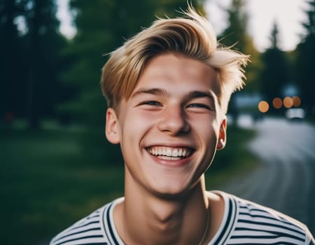 A young Caucasian boy with brown hair and white teeth smiles. He is standing outside, likely during the daytime. His face is illuminated by the warm glow of the sun, making his smile even more radiant