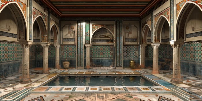 Detailed 3D model of a traditional Islamic bathhouse, featuring elaborate tilework and architectural details.