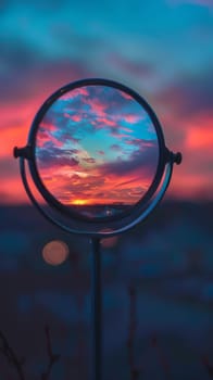 Double exposure of a makeup mirror reflecting a beautiful sunset.