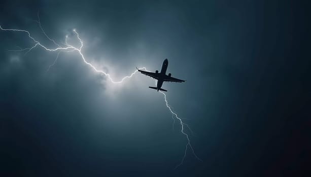 The aircraft encounters a severe thunderstorm, surrounded by dark clouds and illuminated by bright lightning strikes, highlighting the danger in the sky. Causes of air crashes. Generative AI.