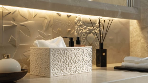 Embossed Islamic tissue box holders with geometric patterns, adding a touch of luxury to any room.