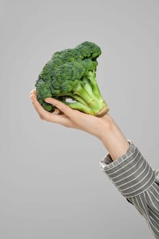 Close up view of female hand with fresh broccoli