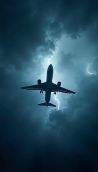 The aircraft encounters a severe thunderstorm, surrounded by dark clouds and illuminated by bright lightning strikes, highlighting the danger in the sky. Causes of air crashes. Generative AI.