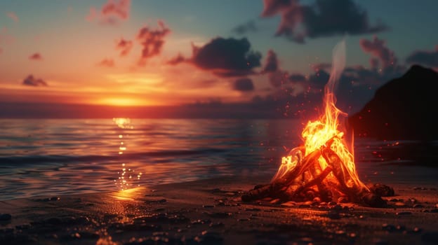 Dreamy silhouette of a beach bonfire casting a warm, inviting glow
