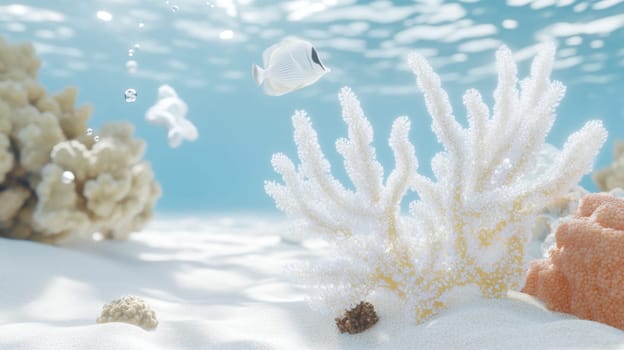 Tropical fishes swimming near white coral reef ocean underwater, serene aquatic background, AI Generated