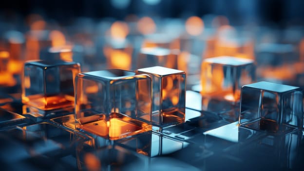 Abstract background of reflective neon purple, blue and orange glass cubes with copy space, AI generated