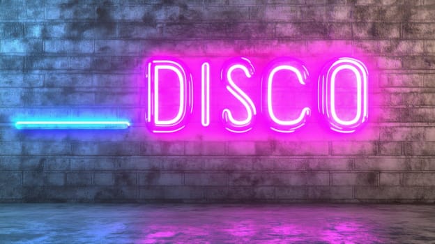 Neon sign with glowing word disco in retro styled room interior, AI Generated