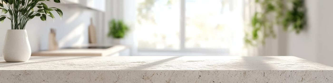 Empty stone table in bright home interior with large windows, banner mockup background with copy space, AI Generated