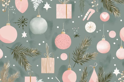 Festive christmas ornaments and gifts with pine branches, seamless pattern, AI Generated