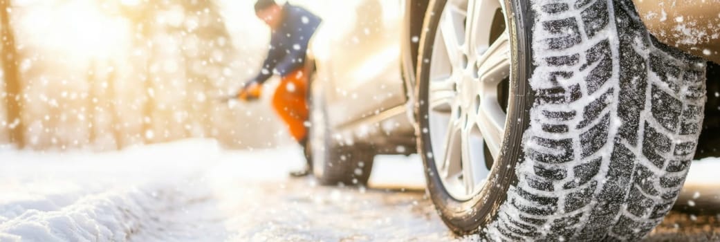 Worker in warm clothing changing a car tire on snowy winter day, concept of winter maintenance, roadside assistance, AI Generated