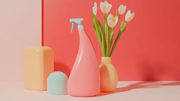 Seasonal spring cleaning, florals and cleaning products pastel mockup design background, AI Generated content