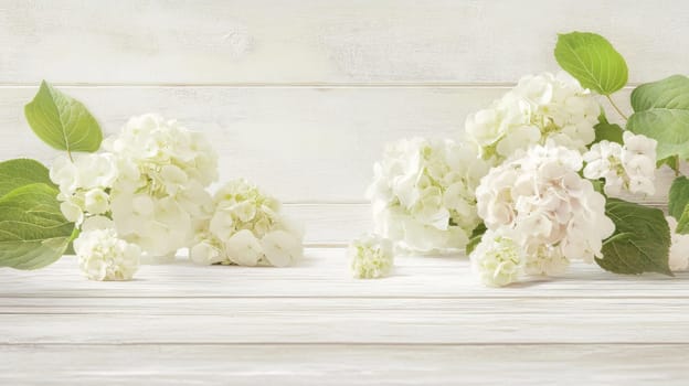 White hydrangea flowers on wooden background with green leaves, nature concept, AI Generated