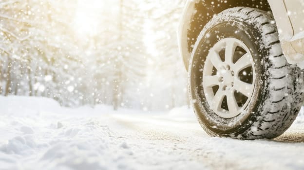 Car on snowy forest road with sunlight, winter tires replacing service concept, copy space banner background, AI Generated