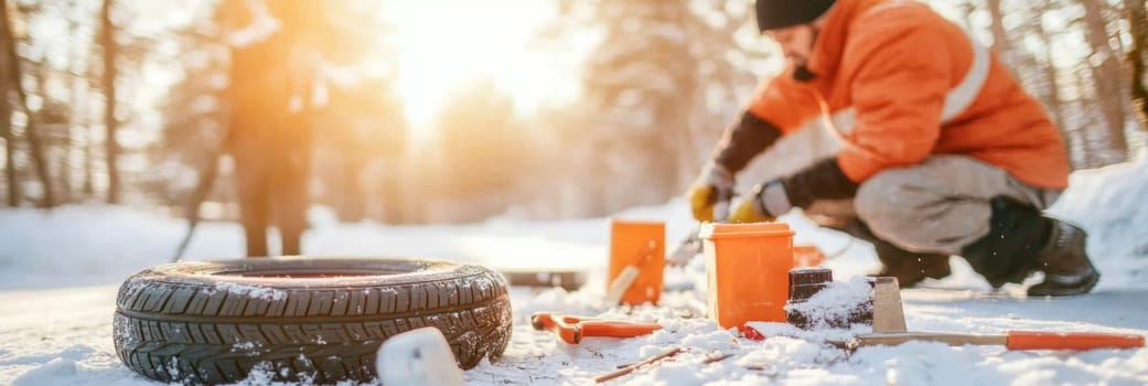 Worker in warm clothing changing a car tire on snowy winter day, concept of winter maintenance, roadside assistance, AI Generated