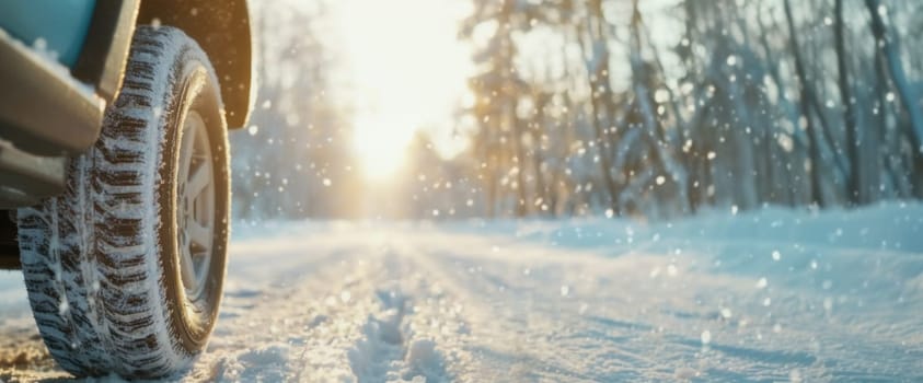 Car on snowy forest road with sunlight, winter tires replacing service concept, copy space banner background, AI Generated