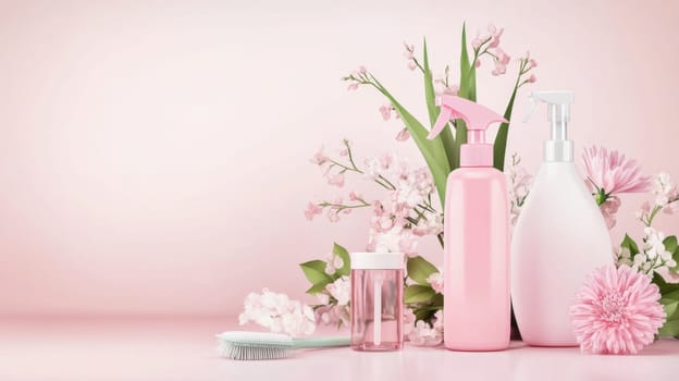 Seasonal spring cleaning, florals and cleaning products pastel mockup design background, AI Generated content