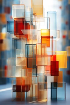 Abstract background of reflective neon purple, blue and orange glass cubes with copy space, AI generated