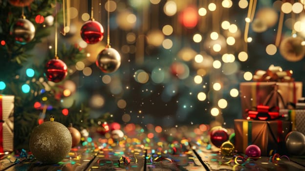 A Christmas tree with many ornaments and a few gifts. Scene is festive and joyful