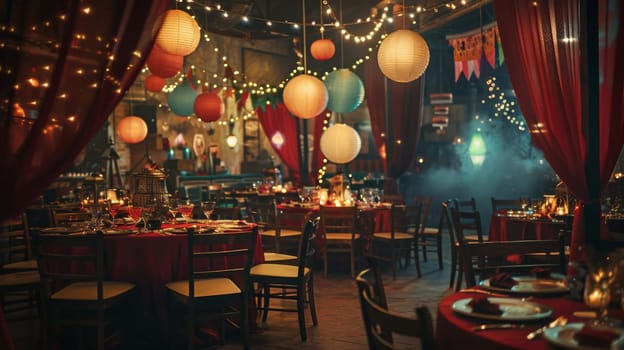 A room with red curtains and lights hanging from the ceiling. The room is decorated for a party or event