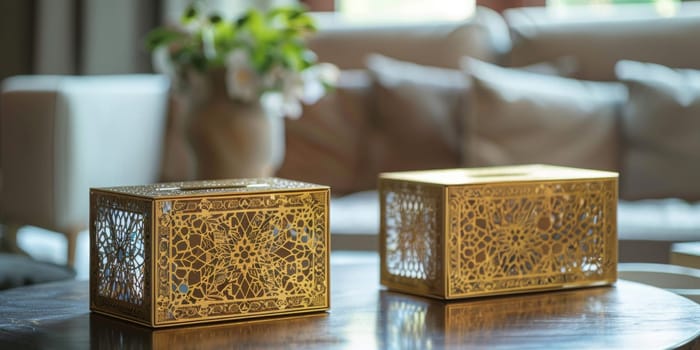 Gilded Islamic tissue box covers with ornate patterns, adding elegance to any room.