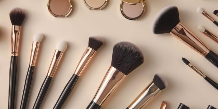 Flat lay arrangement of makeup brushes and beauty accessories in an elegant display.