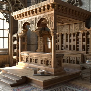 High-quality 3D model of an Islamic scriptorium, where scribes meticulously transcribe and illuminate manuscripts.