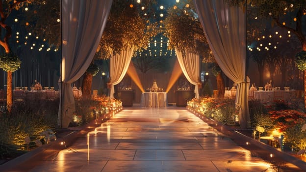 A long hallway with a large archway and a large cake in the middle. The cake is lit up and surrounded by tables and chairs