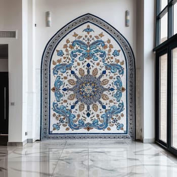Islamic patterned tiles arranged in a symmetrical design against a white wall, creating a stunning visual effect.