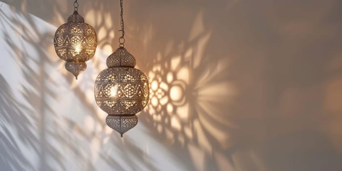 Islamic lanterns casting intricate shadows against a white wall, creating a mesmerizing ambiance.