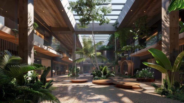 A large, open space with a lot of greenery and plants. The space is designed to be a relaxing and calming environment