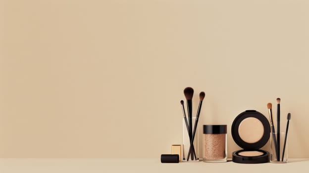 Makeup essentials arranged neatly with space for promotional text.