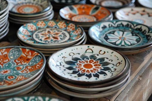 Hand-painted Islamic ceramic plates with traditional motifs, serving as decorative accents or servingware.