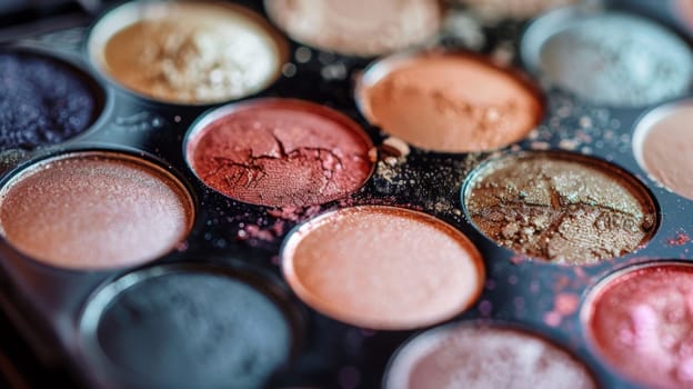 Makeup palette with a mix of eyeshadows, blushes, and bronzers.