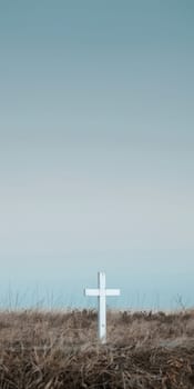 Minimalist depiction of a single white cross in a field.