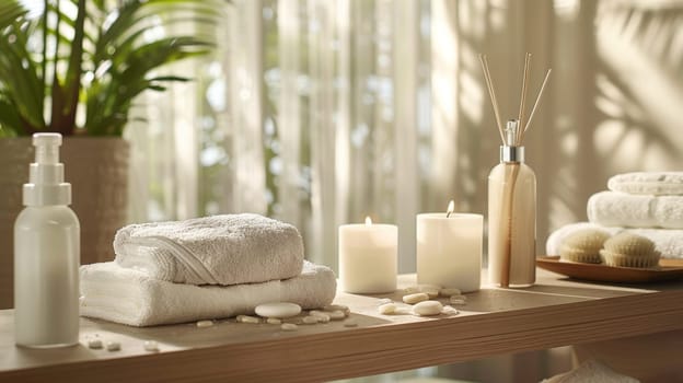 A bathroom with a white towel, a bottle of lotion, a bottle of perfume, a bottle of shampoo, a bottle of conditioner. Beauty and wellness layout