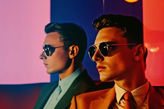 Two men wearing sunglasses sit side by side, exuding confidence and style in a vibrant, colorful setting.