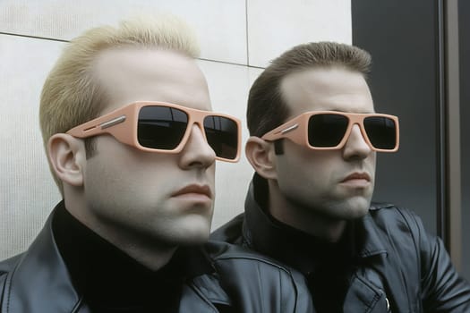Two individuals wearing sunglasses and leather jackets sit confidently against a modern backdrop on a sunny day.