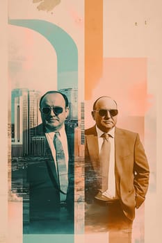 A businessman stands confidently in a suit with sunglasses, with a vibrant city skyline in the background, showcasing urban life.