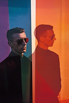 A man wearing sunglasses stands against a vibrant, multicolored backdrop, casting a striking shadow.